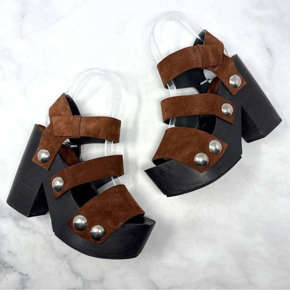Alexander Wang Tess Suede Chunky Wooden Platform Clog Sandal Heel Brown Boho 35 - Picture 4 of 16